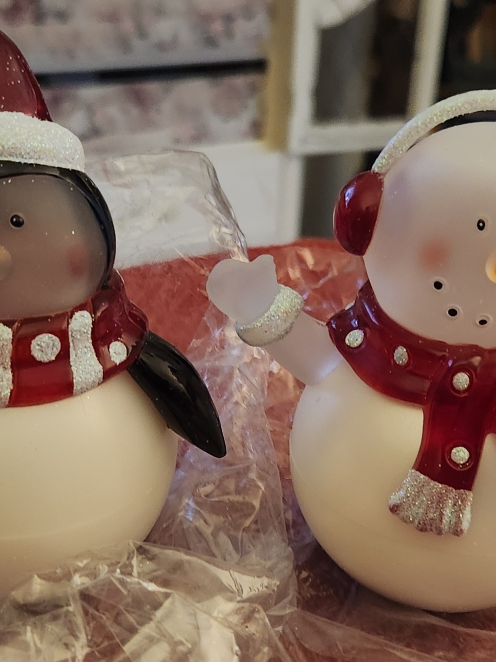 Christmas Penguin and Snowman Tabletop/Mantel Glass Ornament Set.